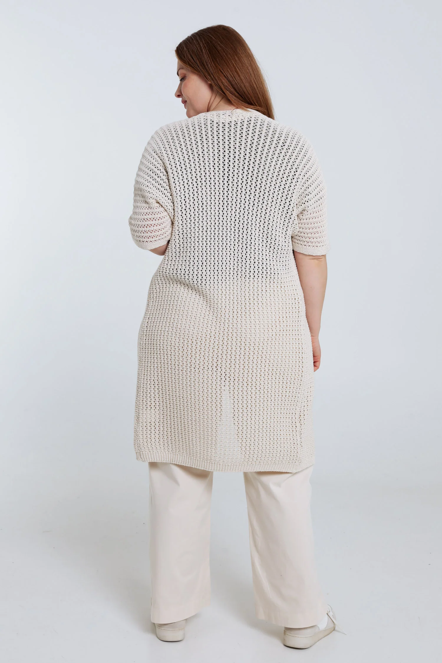 Long gilet en coton ajouré uni